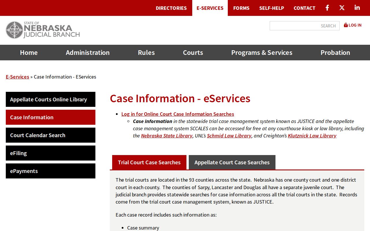 Nebraska JUSTICE access for Furnas County criminal court cases